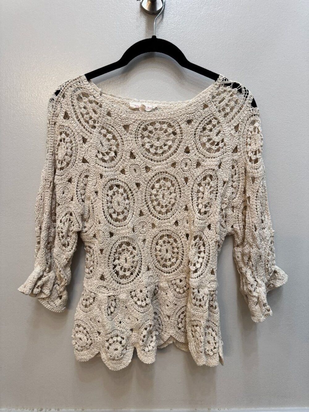 Solitaire Womens Cream Crochet Lace Top Boho Scalloped Bell Sleeve Tunic Large